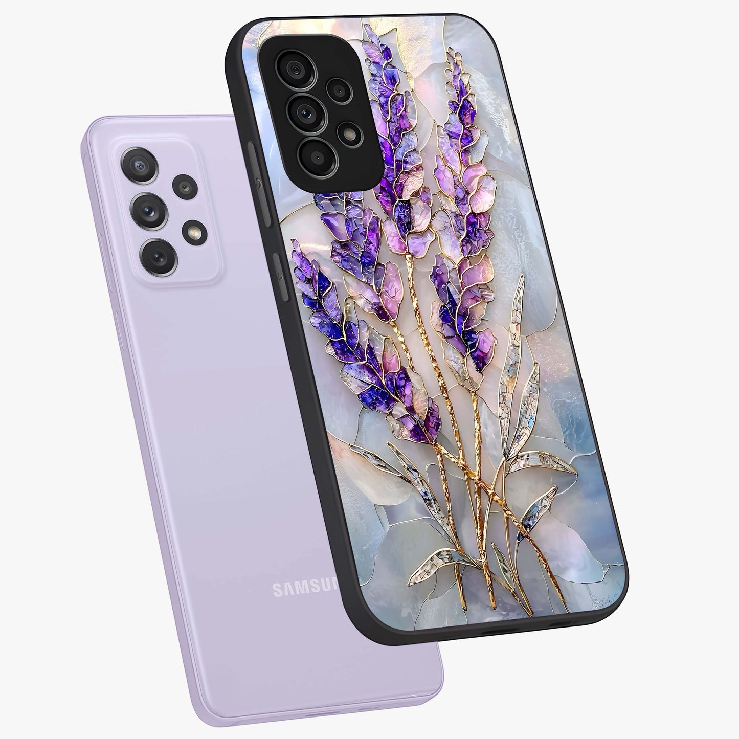 Lavender Dream Glow Glass Case displayed in angled mockup highlighting dreamy purple glow design with soft artistic style.
