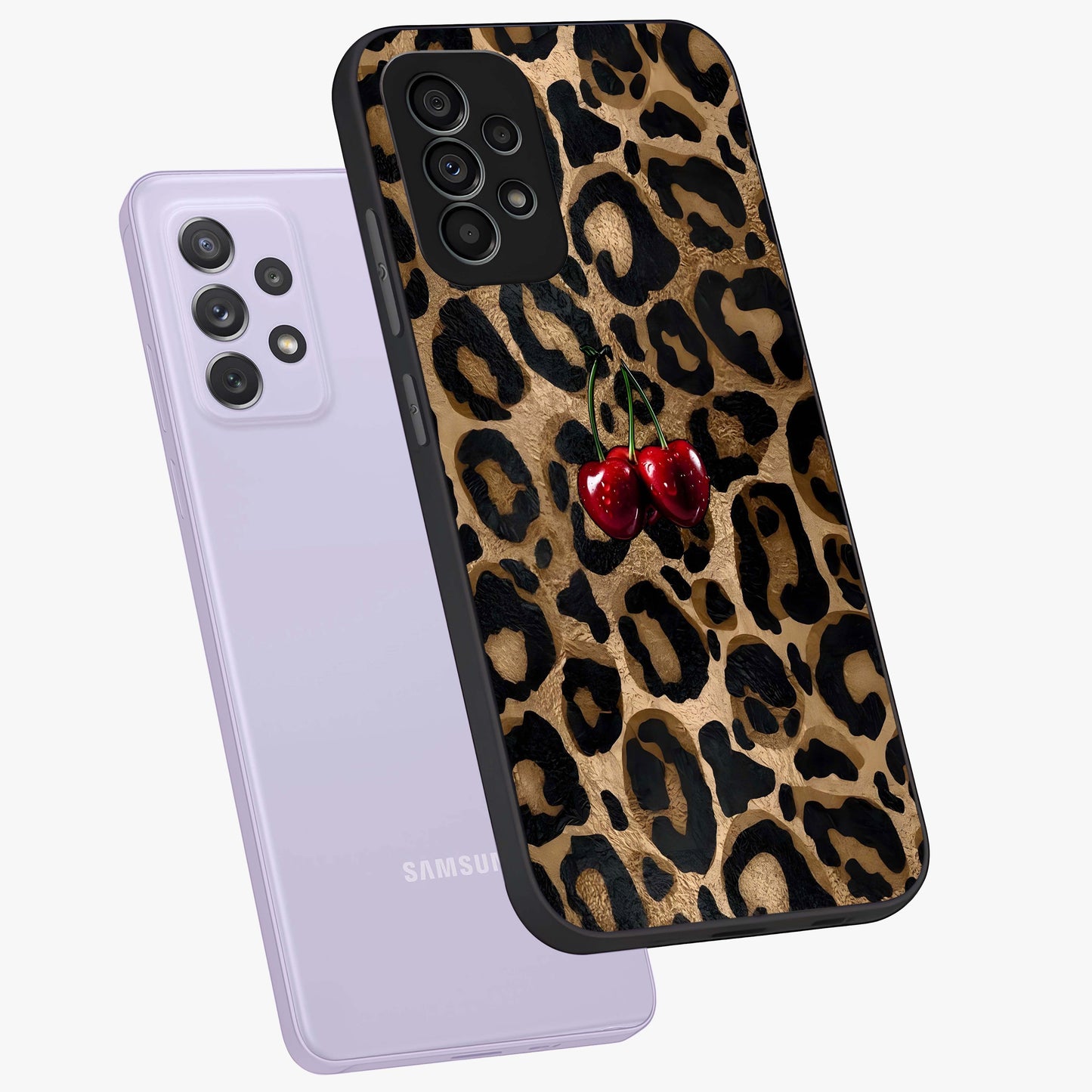 Leopard Wild Cherry Glass Case displayed in angled mockup highlighting bold animal print design with playful cherry aesthetic.