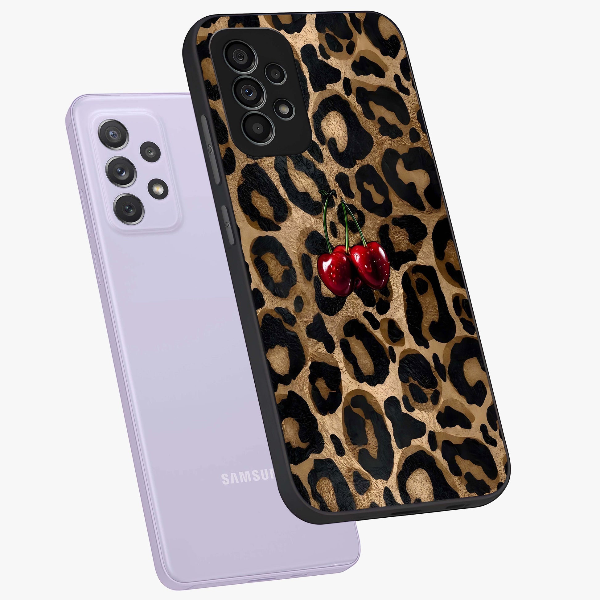 Leopard Wild Cherry Glass Case displayed in angled mockup highlighting bold animal print design with playful cherry aesthetic.