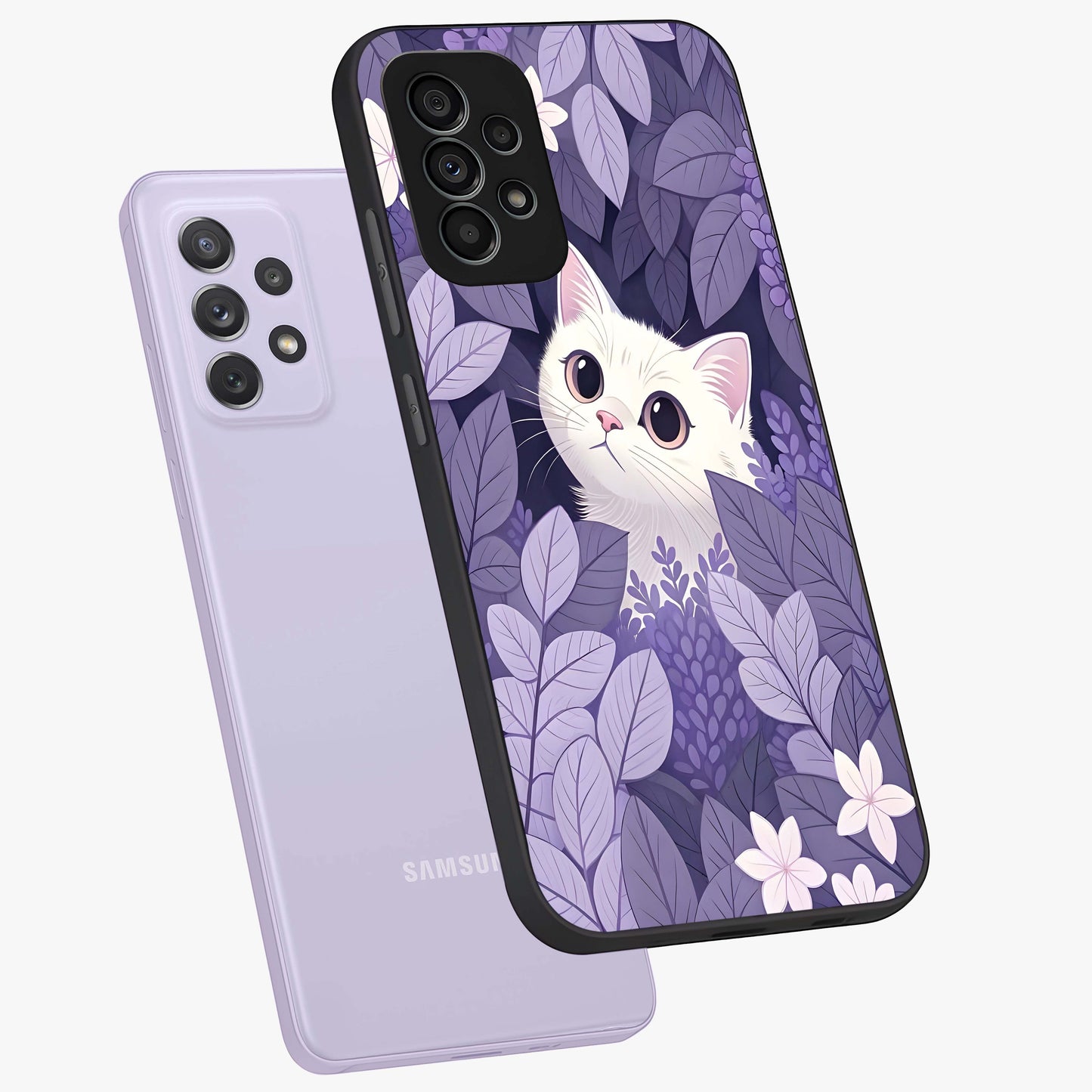 Lilac Hide Peek Cat Glass Case displayed in angled mockup highlighting playful feline illustration with lilac aesthetic design.
