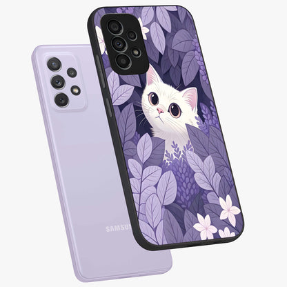 Lilac Hide Peek Cat Glass Case displayed in angled mockup highlighting playful feline illustration with lilac aesthetic design.