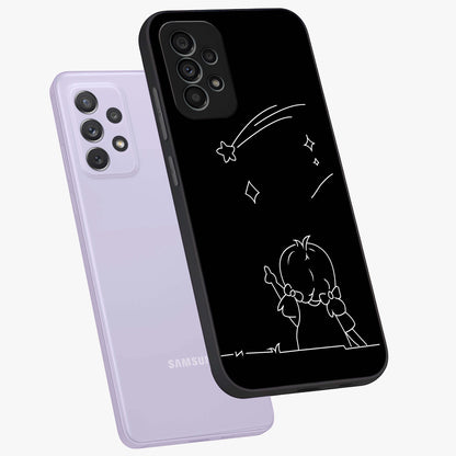 Line Art Girl With Shooting Stars Glass Case displayed in angled mockup highlighting elegant line art design with dreamy star aesthetic.