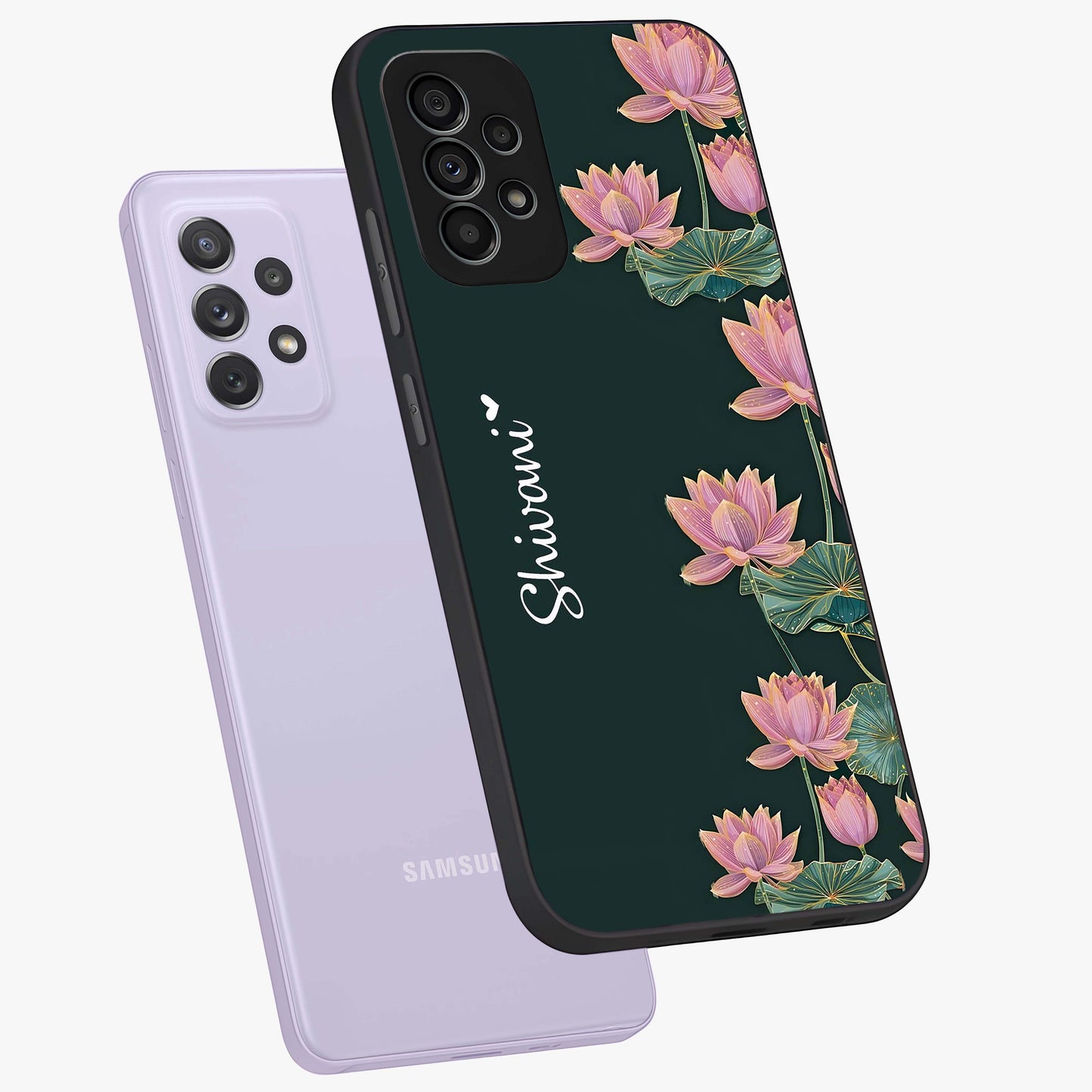 Lotus Bloom Serenity Custom Name Glass Case displayed in angled mockup highlighting graceful lotus illustration with custom name feature.