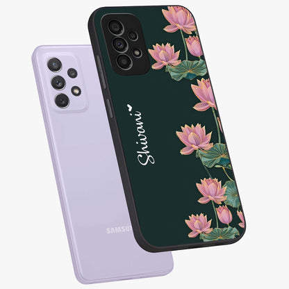 Lotus Bloom Serenity Custom Name Glass Case displayed in angled mockup highlighting graceful lotus illustration with custom name feature.