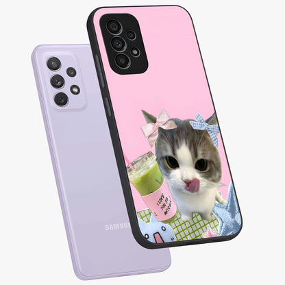 Love Matcha Cat Glass Case displayed in angled mockup highlighting playful feline illustration with cozy matcha aesthetic.