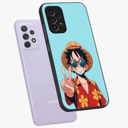 Luffy Summer Anime Vibe Glass Case displayed in angled mockup highlighting energetic anime illustration with summer vibe aesthetic.