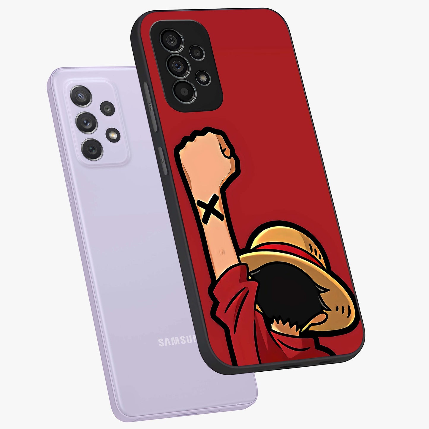 Luffy X Spirit Glass Case displayed in angled mockup highlighting powerful anime design with energetic action aesthetic.