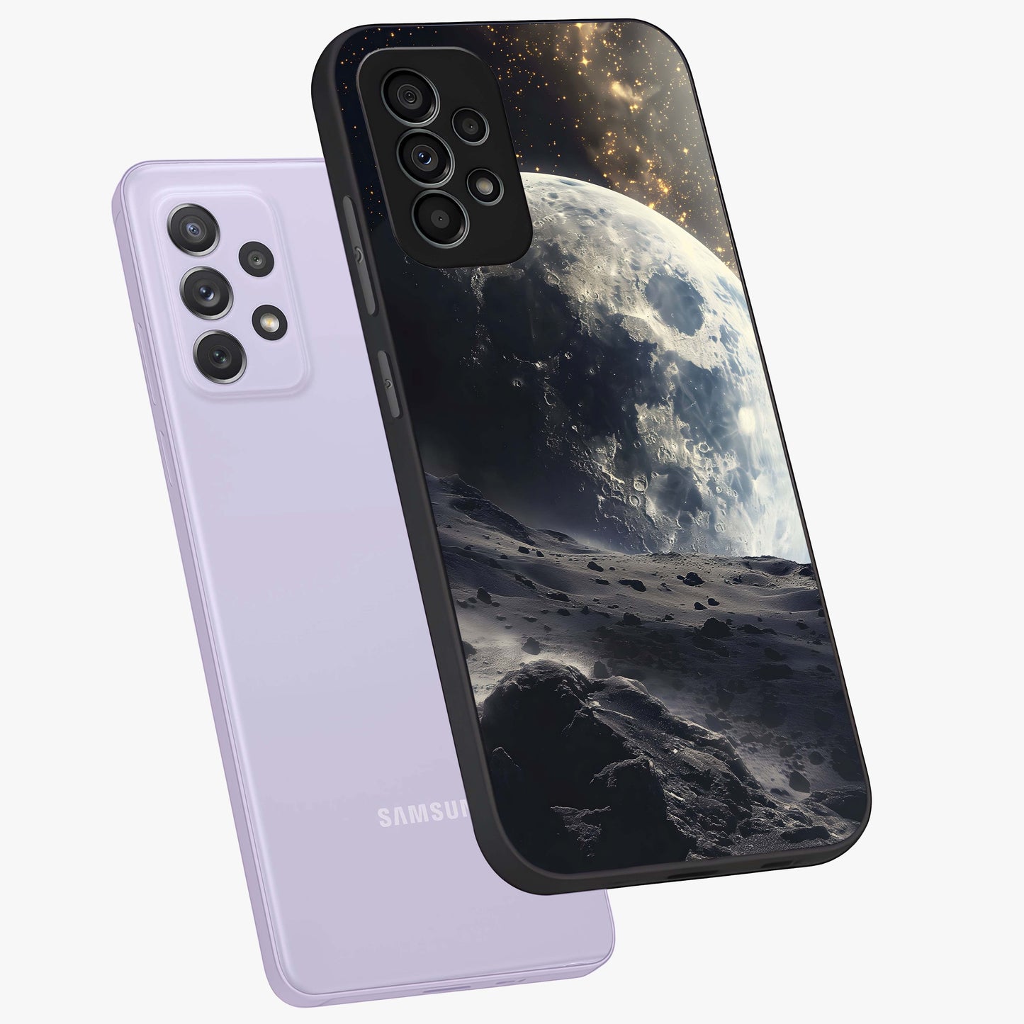 Lunar Horizon Glow Glass Case displayed in angled mockup highlighting celestial moon design with dreamy night aesthetic.