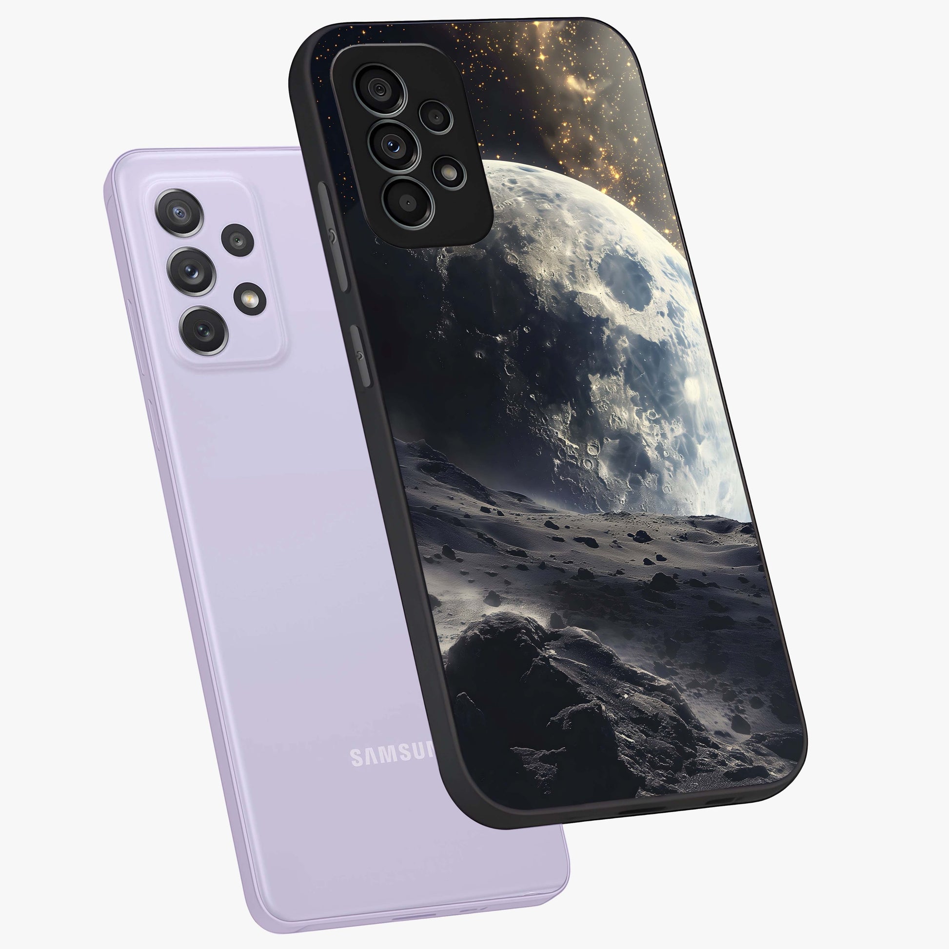 Lunar Horizon Glow Glass Case displayed in angled mockup highlighting celestial moon design with dreamy night aesthetic.