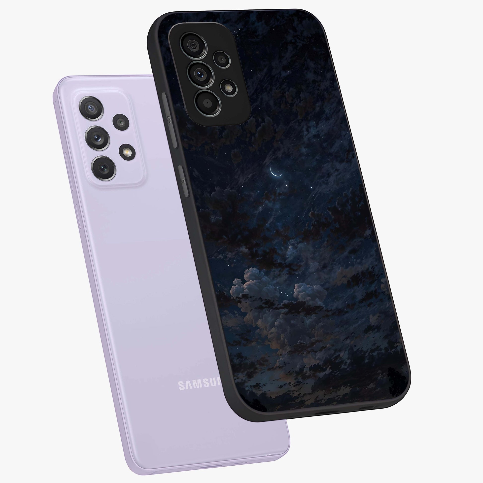 Lunar Veil Silence Glass Case displayed in angled mockup highlighting soft lunar design with peaceful celestial aesthetic.