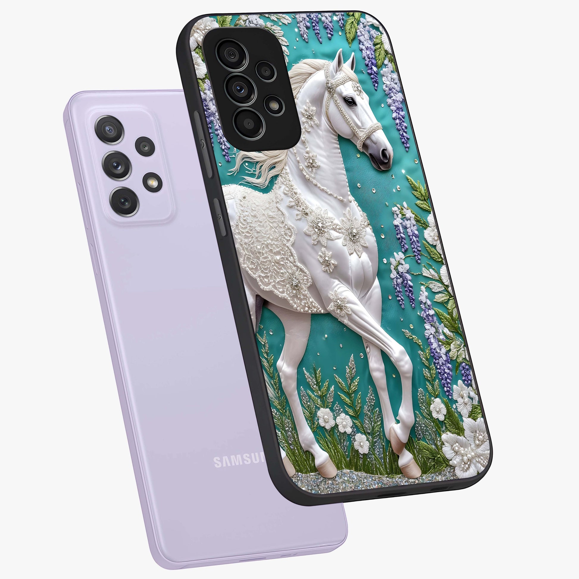 Majestic Floral Stallion Glass Case displayed in angled mockup highlighting majestic stallion illustration with elegant floral aesthetic.