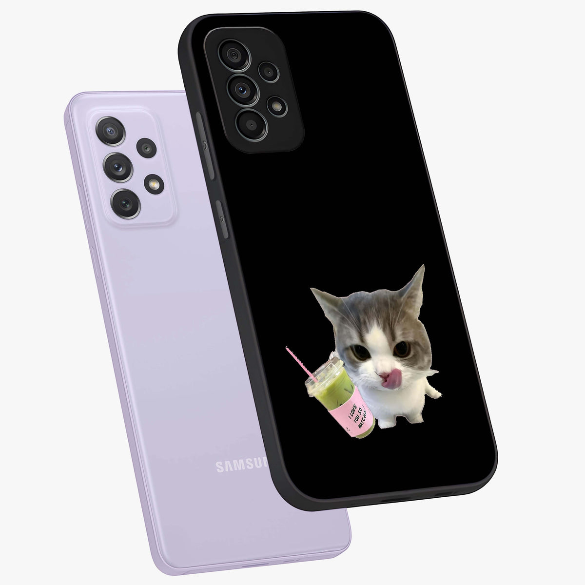 Matcha Cat Style Glass Case displayed in angled mockup highlighting playful feline design with pastel matcha aesthetic.