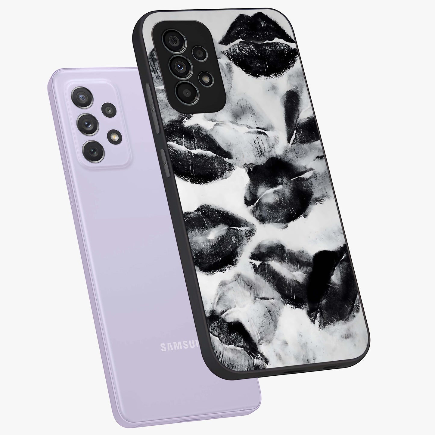Midnight Kiss Marks Glass Case displayed in angled mockup highlighting playful romantic design with bold midnight aesthetic.