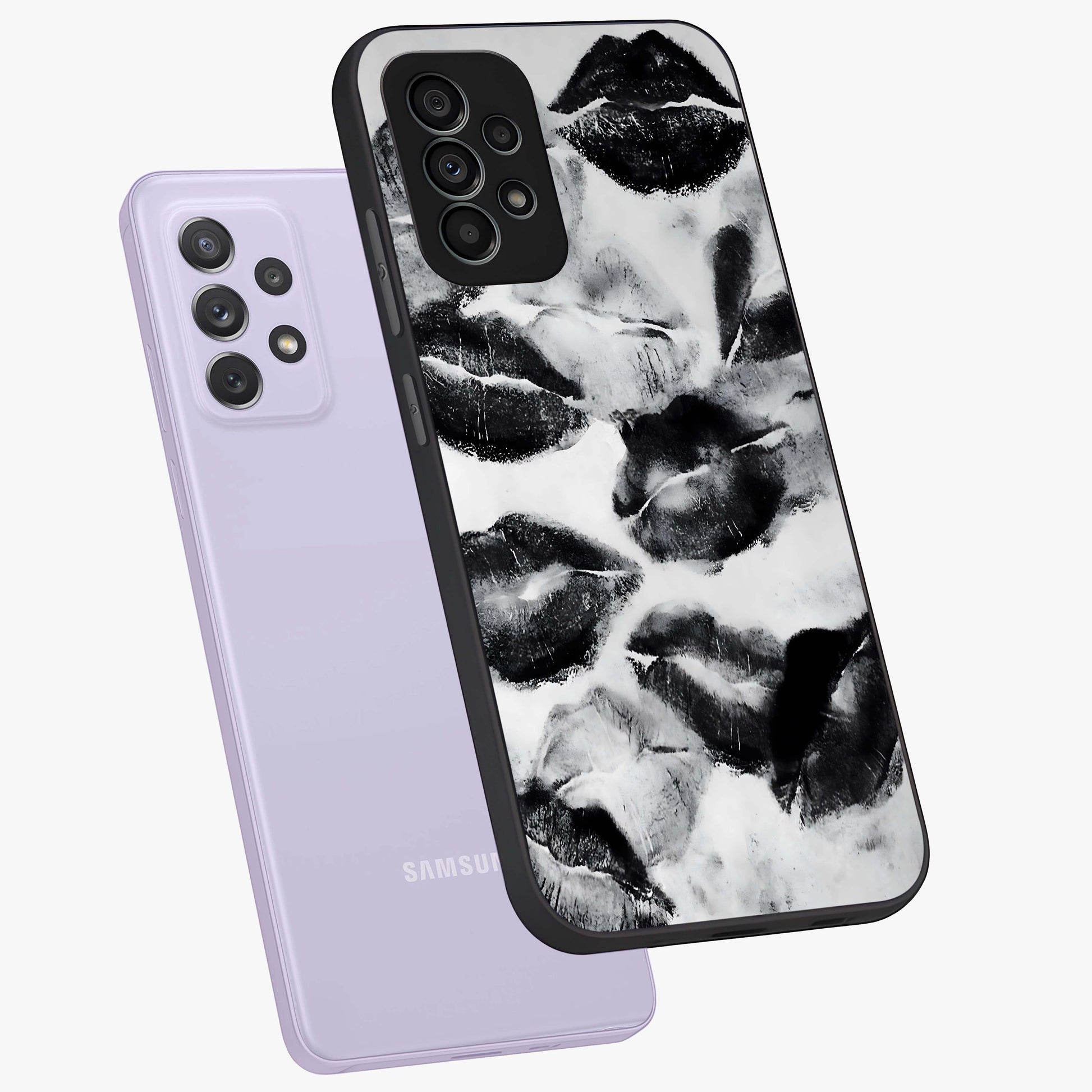 Midnight Kiss Marks Glass Case displayed in angled mockup highlighting playful romantic design with bold midnight aesthetic.