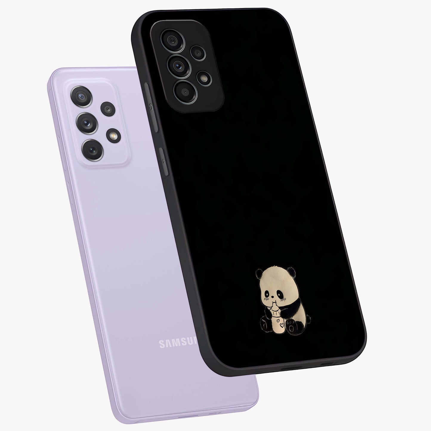 Midnight Panda Love Glass Case displayed in angled mockup highlighting adorable panda illustration with midnight aesthetic.