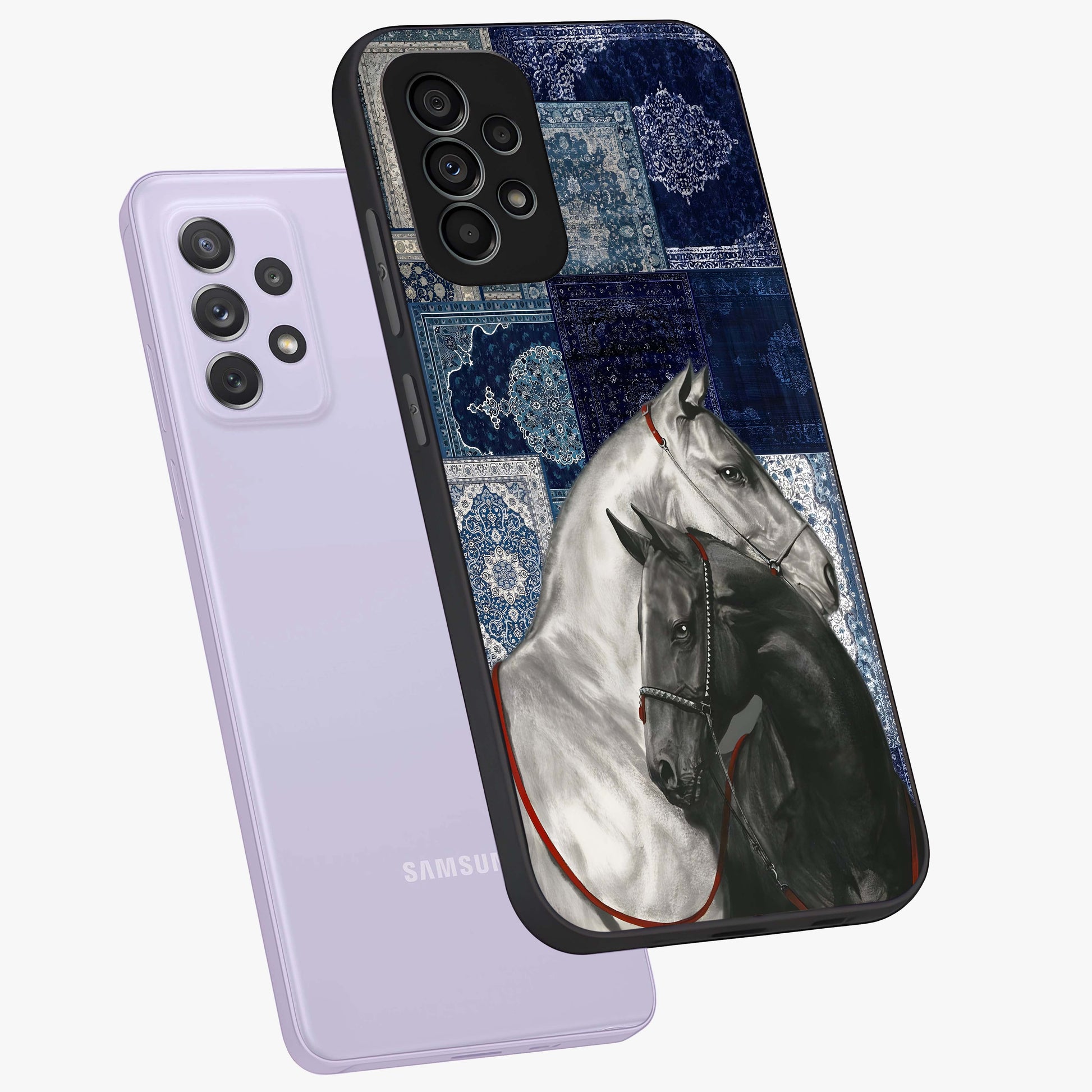 Midnight Stallion Blues Glass Case displayed in angled mockup highlighting powerful stallion illustration with deep midnight tones.