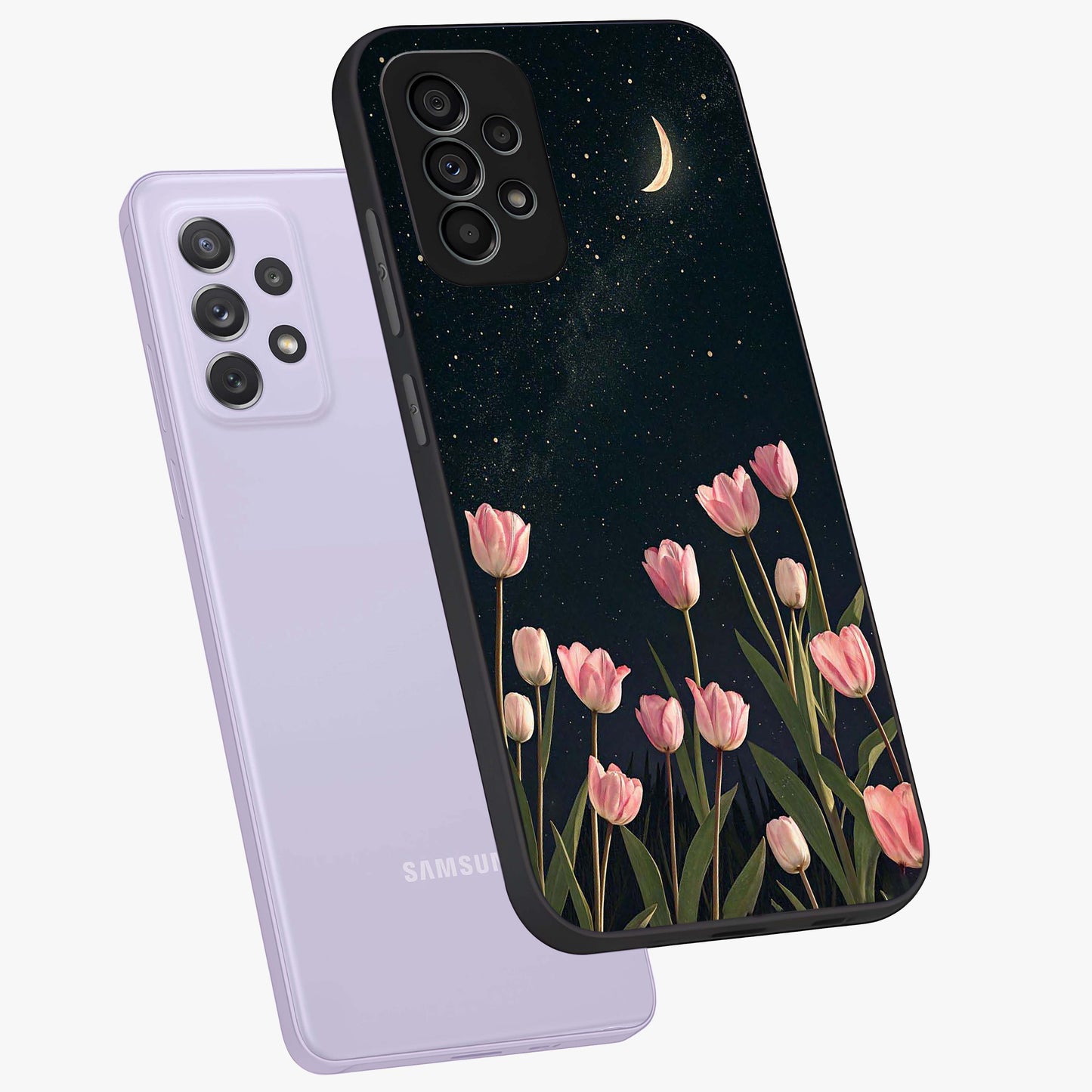 Midnight Tulip Whispers Vibe Glass Case displayed in angled mockup highlighting delicate tulip design with midnight floral aesthetic.