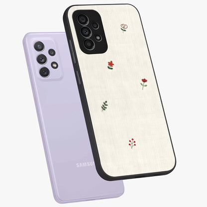 Minimalistic Blue With White Flower Pattern Glass Case displayed in angled mockup highlighting simple floral design with minimal aesthetic.