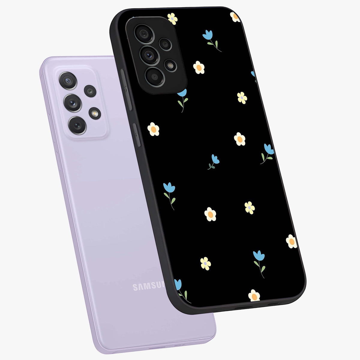 Minimal Petal Whispers Glass Case displayed in angled mockup highlighting delicate petal design with clean minimal aesthetic.