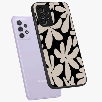 Monochrome Petal Dance Glass Case displayed in angled mockup highlighting elegant petal design with black and white aesthetic.