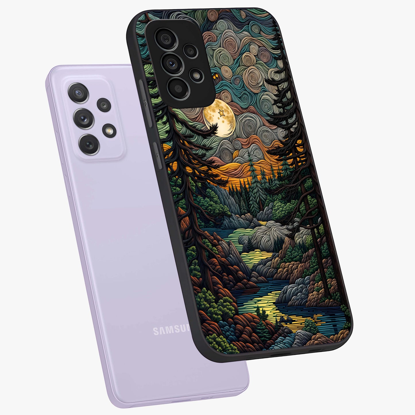 Moonlight Forest Dream Glass Case displayed in angled mockup highlighting dreamy forest design with glowing moon aesthetic.