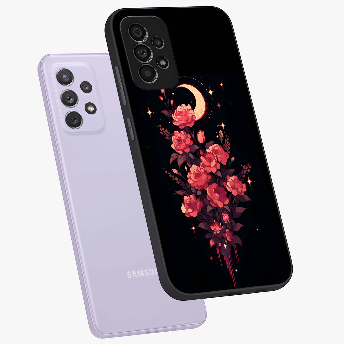 Moonlit Floral Elegance Glass Case displayed in angled mockup highlighting graceful flower design with soft moonlight aesthetic.