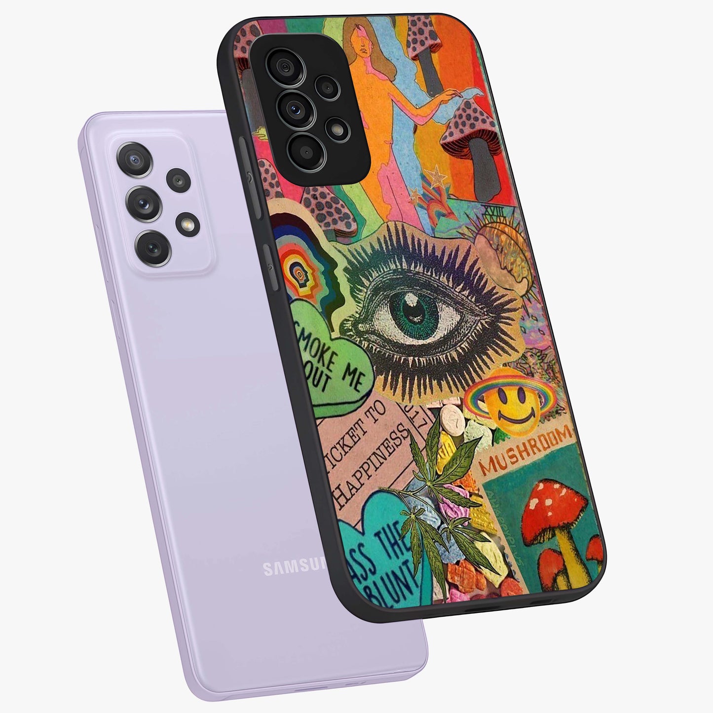 Mystic Eye Wonderland Glass Case displayed in angled mockup highlighting magical eye illustration with dreamy aesthetic.