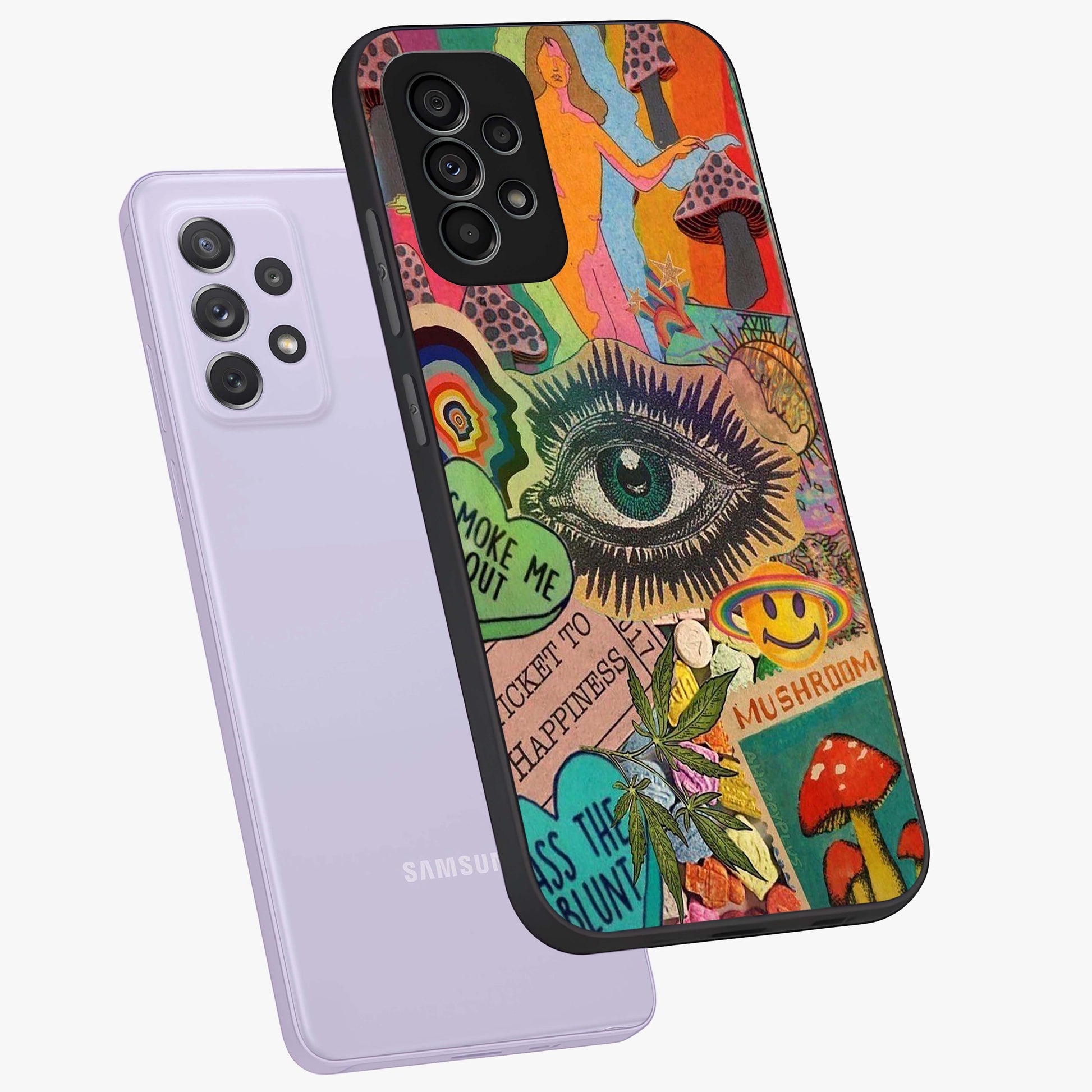 Mystic Eye Wonderland Glass Case displayed in angled mockup highlighting magical eye illustration with dreamy aesthetic.