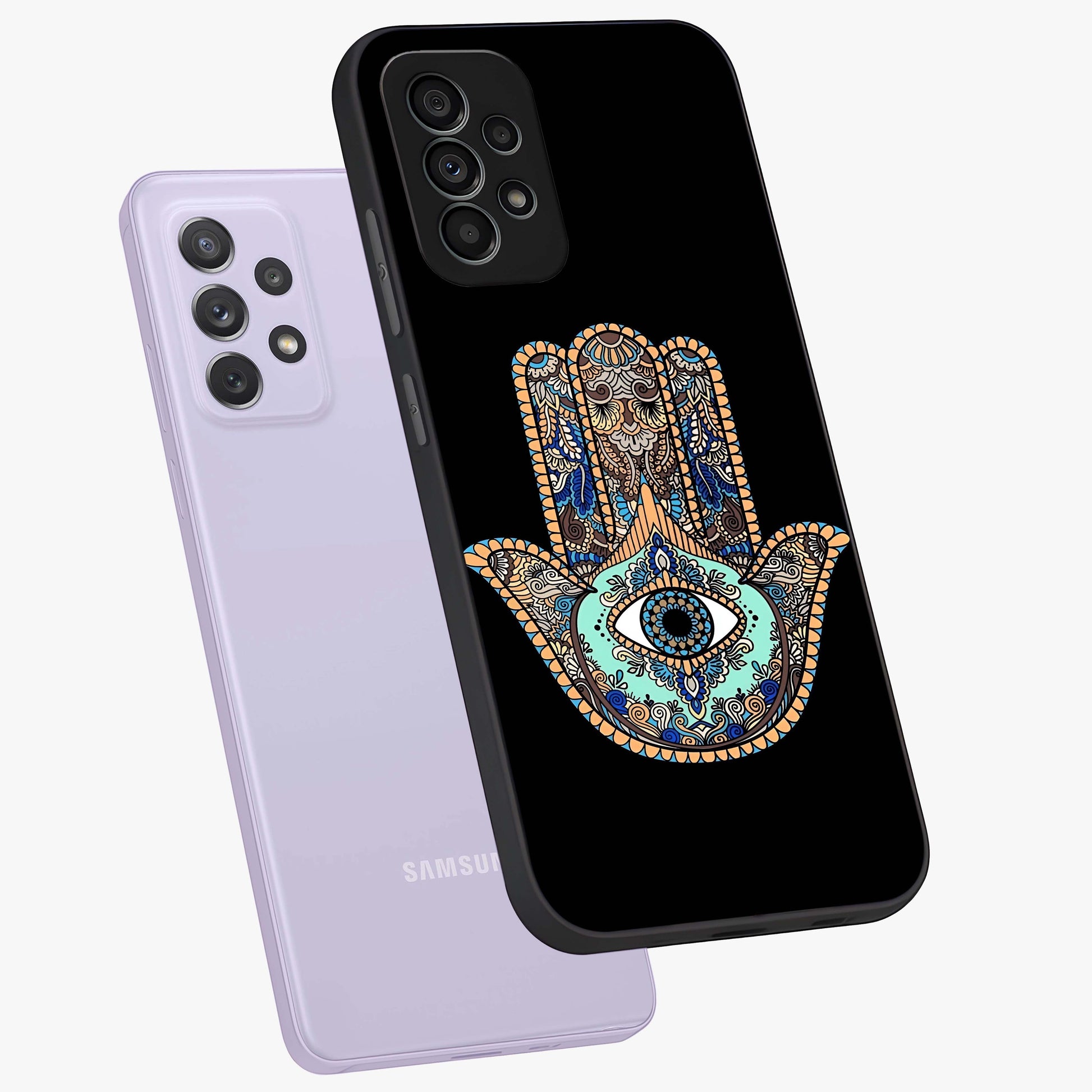 Mystic Hamsa Eye Glass Case displayed in angled mockup highlighting spiritual hamsa symbol with mystical aesthetic style.