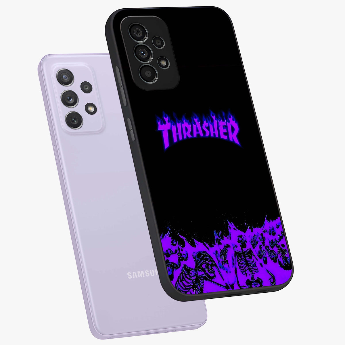 Neon Flame Riot Glass Case displayed in angled mockup highlighting glowing flame design with vibrant neon aesthetic.