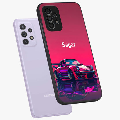 Neon Pink Porsche Glass Case displayed in angled mockup highlighting sleek neon pink car design with racing aesthetic.