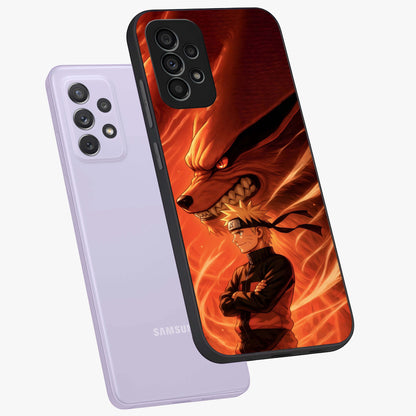 Nine Tails Legacy Glass Case displayed in angled mockup highlighting dynamic anime beast illustration with bold mystical aesthetic.