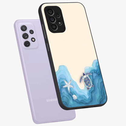 Ocean Drift Turtle Glass Case displayed in angled mockup highlighting peaceful ocean turtle illustration with marine aesthetic.