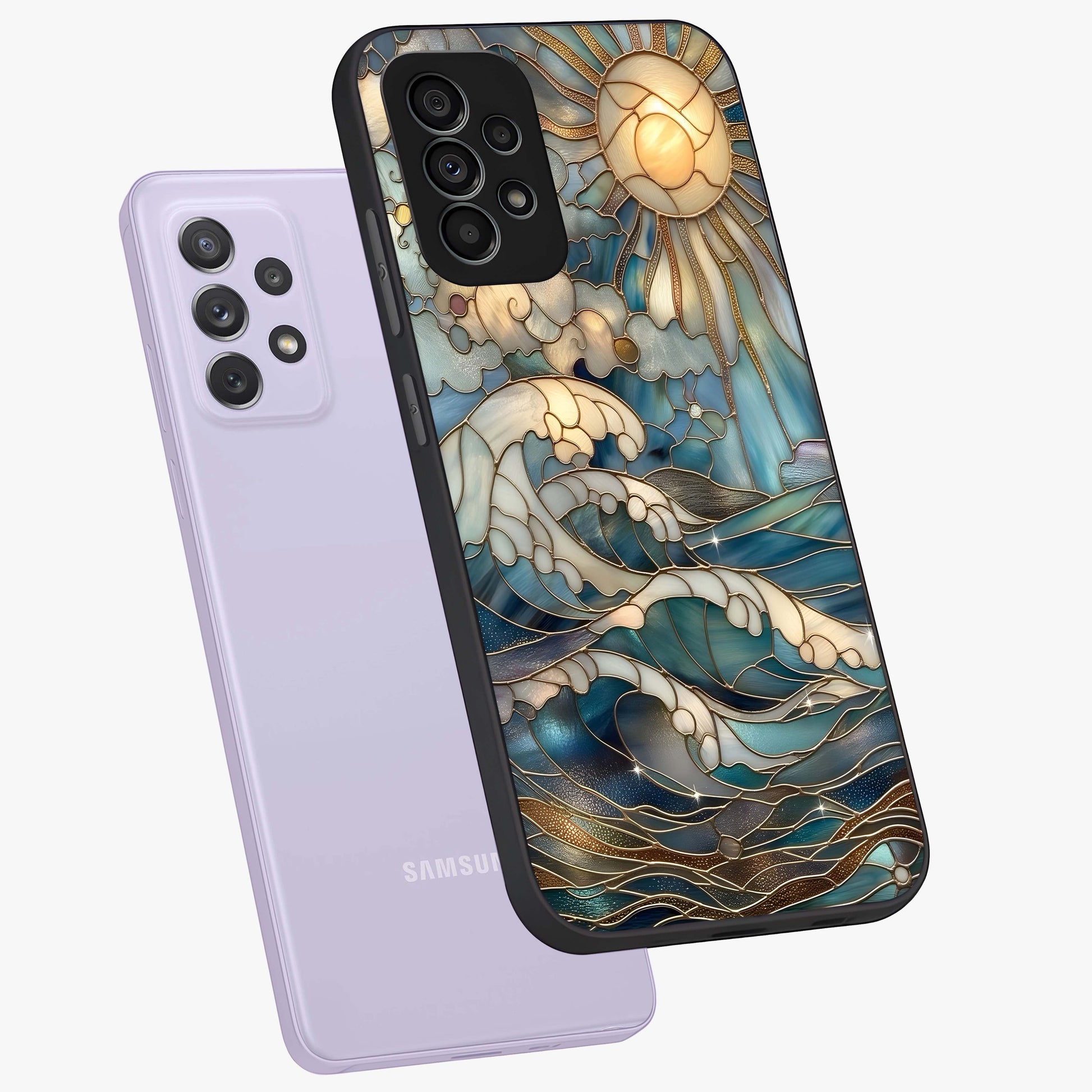 Oceanic Stained Printed Glass Case displayed in angled mockup highlighting colorful aquatic design with artistic aesthetic style.