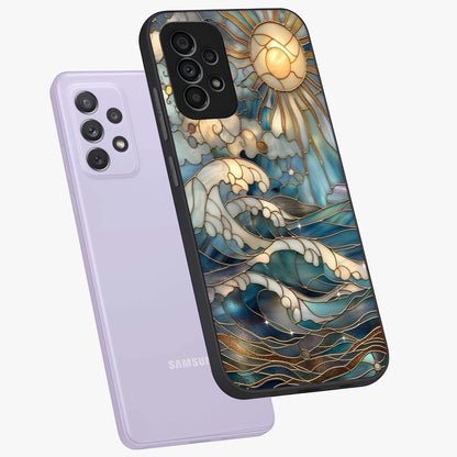 Oceanic Stained Printed Glass Case displayed in angled mockup highlighting colorful aquatic design with artistic aesthetic style.