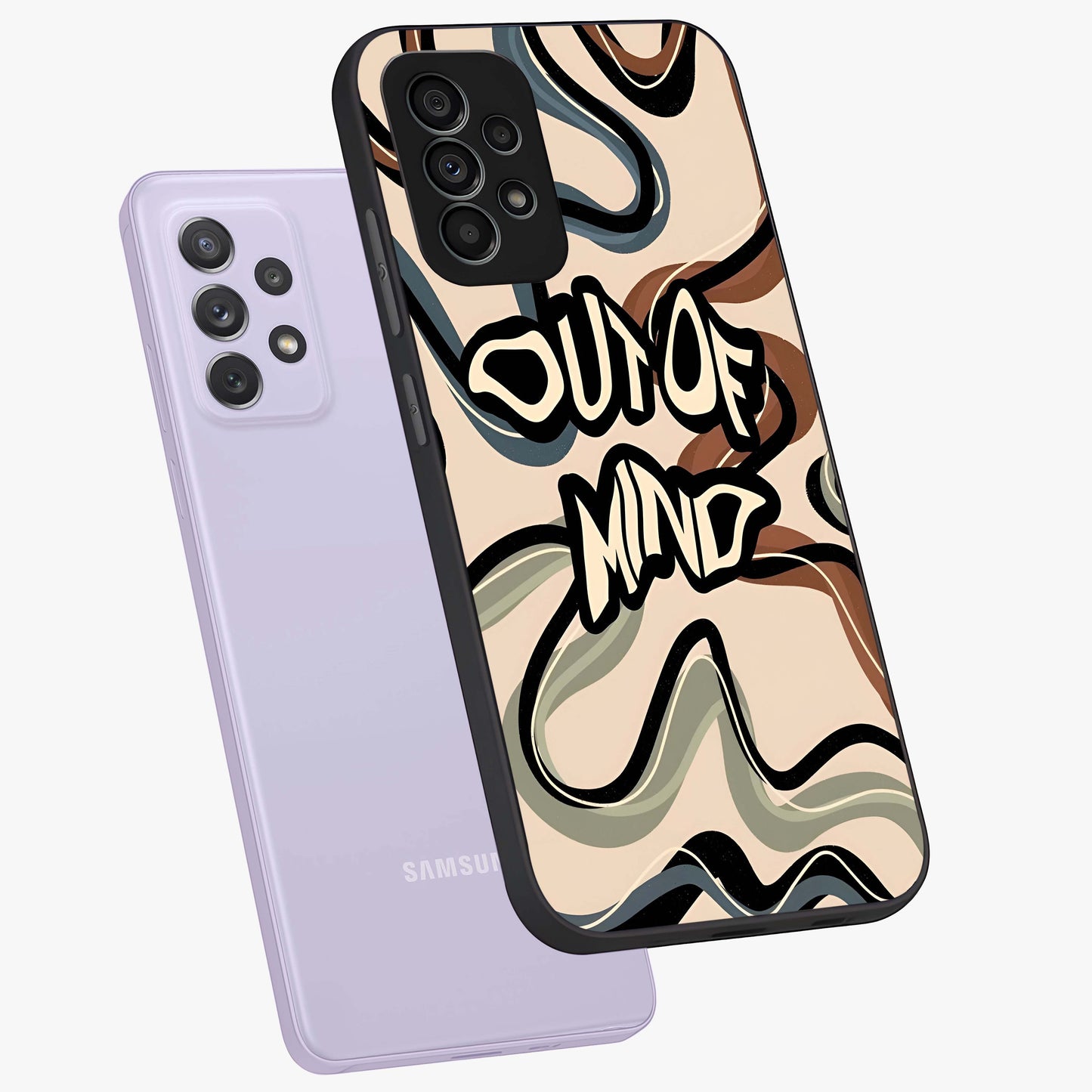 Out Of Mind Glass Case displayed in angled mockup highlighting bold statement design with modern artistic aesthetic.