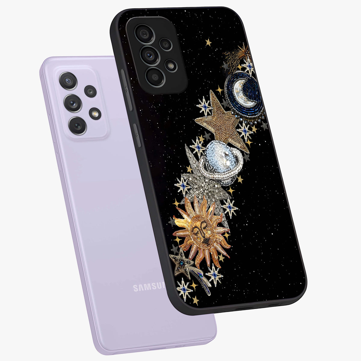 Pearls Universe Object Glass Case displayed in angled mockup highlighting celestial pearl design with dreamy aesthetic.