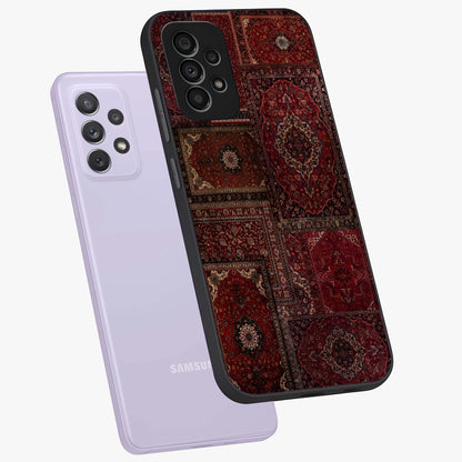 Persian Velvet Tale Glass Case displayed in angled mockup highlighting ornate textile inspired design with royal aesthetic.