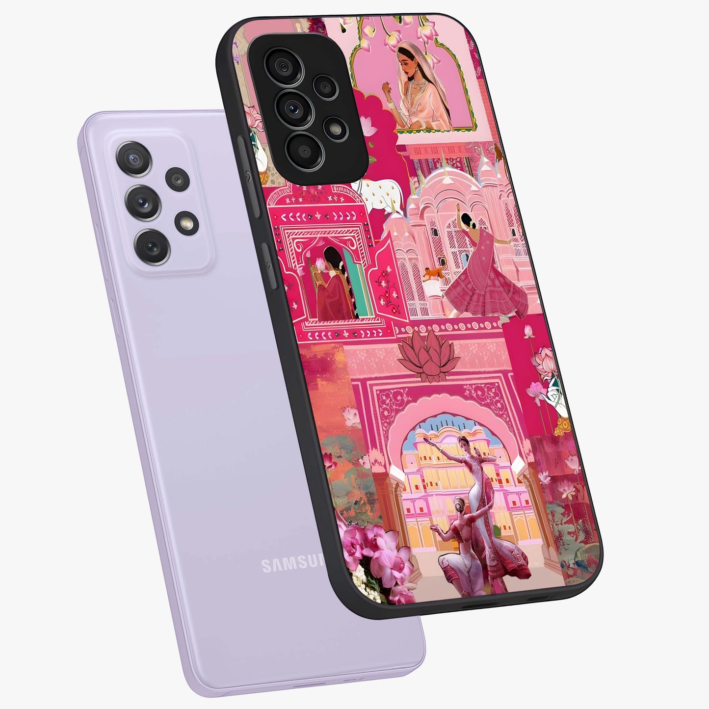 Pink Palace Muse Glass Case displayed in angled mockup highlighting dreamy palace illustration with soft pink aesthetic.