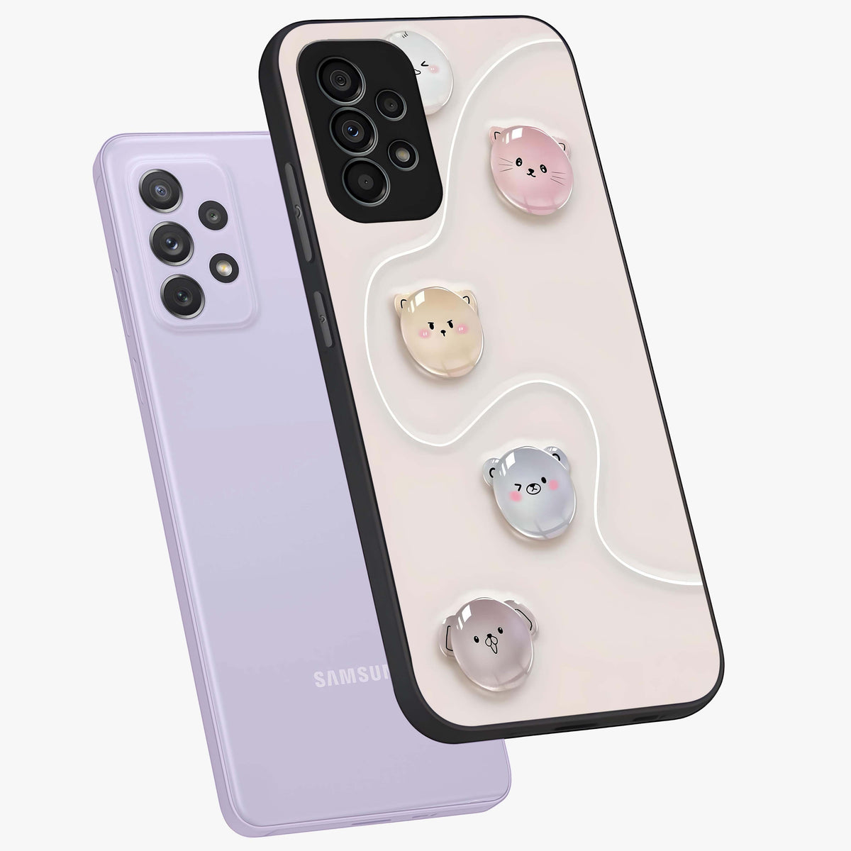 Puffy Face Parade Glass Case displayed in angled mockup highlighting playful cartoon face design with fun aesthetic.