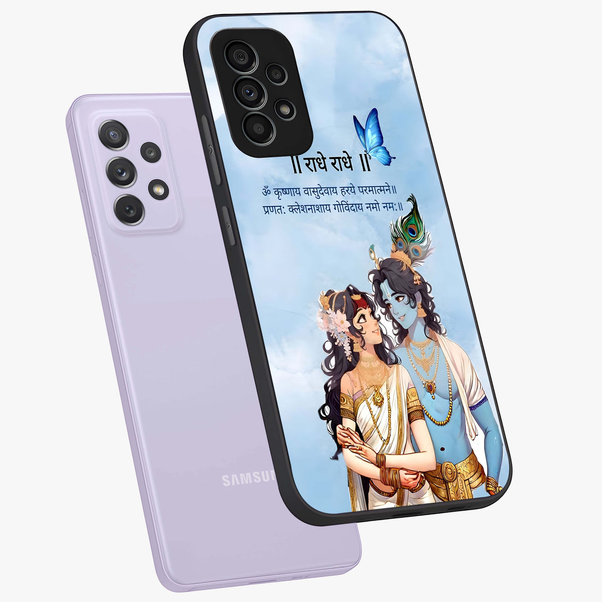 Radha Krishna Eternal Glass Case displayed in angled mockup highlighting divine Radha Krishna illustration with spiritual aesthetic.