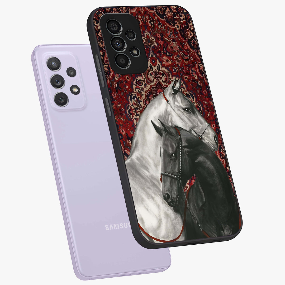 Regal Stallion Tapestry Glass Case displayed in angled mockup highlighting royal stallion design with decorative heritage aesthetic.