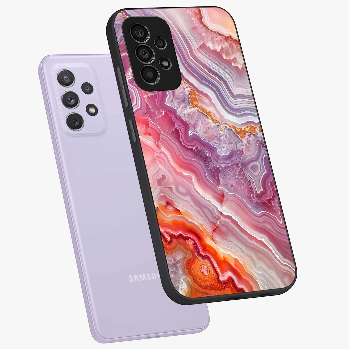 Rose Quartz Marble Glass Case displayed in angled mockup highlighting elegant marble pattern with soft aesthetic style.