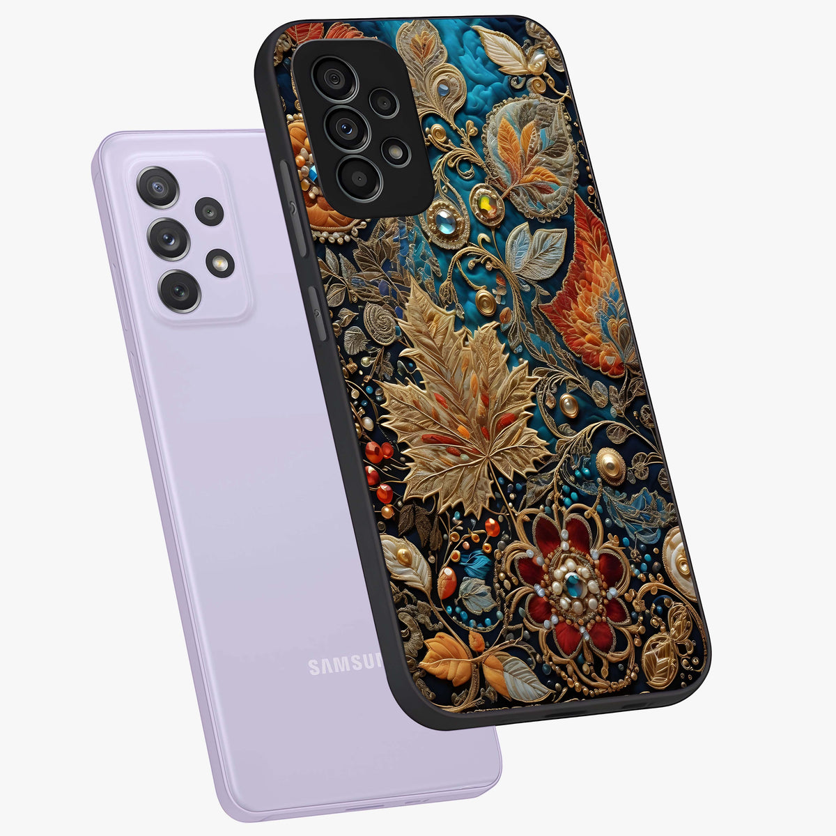 Royal Jewel Garden Glass Case displayed in angled mockup highlighting vibrant jewel inspired floral design with elegant aesthetic.