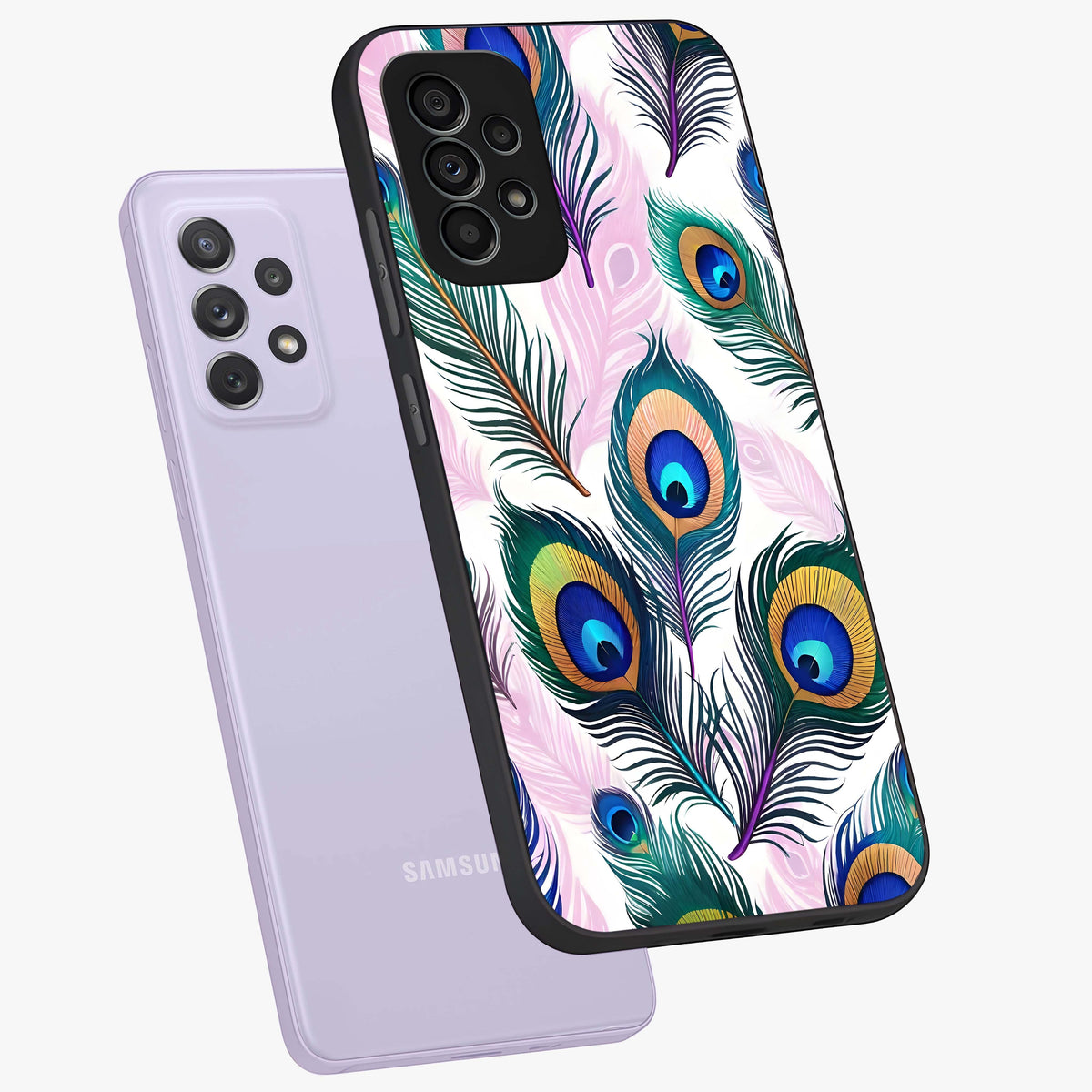 Royal Peacock Feathers Glass Case displayed in angled mockup highlighting vibrant feather pattern with regal aesthetic style.