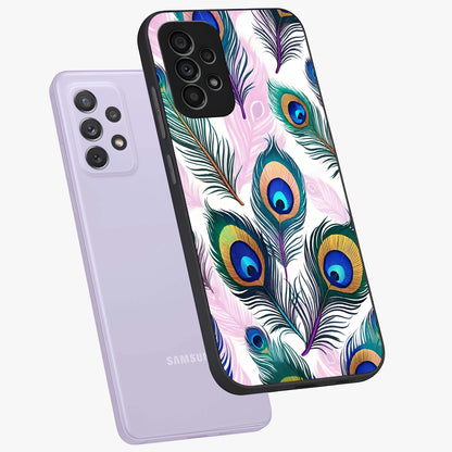 Royal Peacock Feathers Glass Case displayed in angled mockup highlighting vibrant feather pattern with regal aesthetic style.