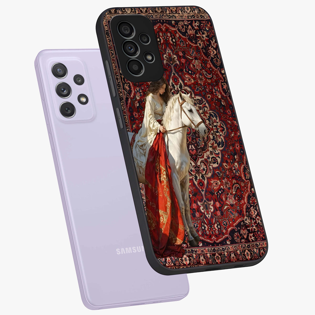 Royal Rider Tapestry Glass Case displayed in angled mockup highlighting traditional tapestry design with royal heritage aesthetic.
