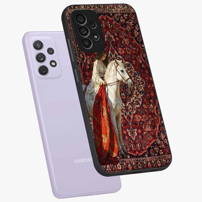 Royal Rider Tapestry Glass Case displayed in angled mockup highlighting traditional tapestry design with royal heritage aesthetic.