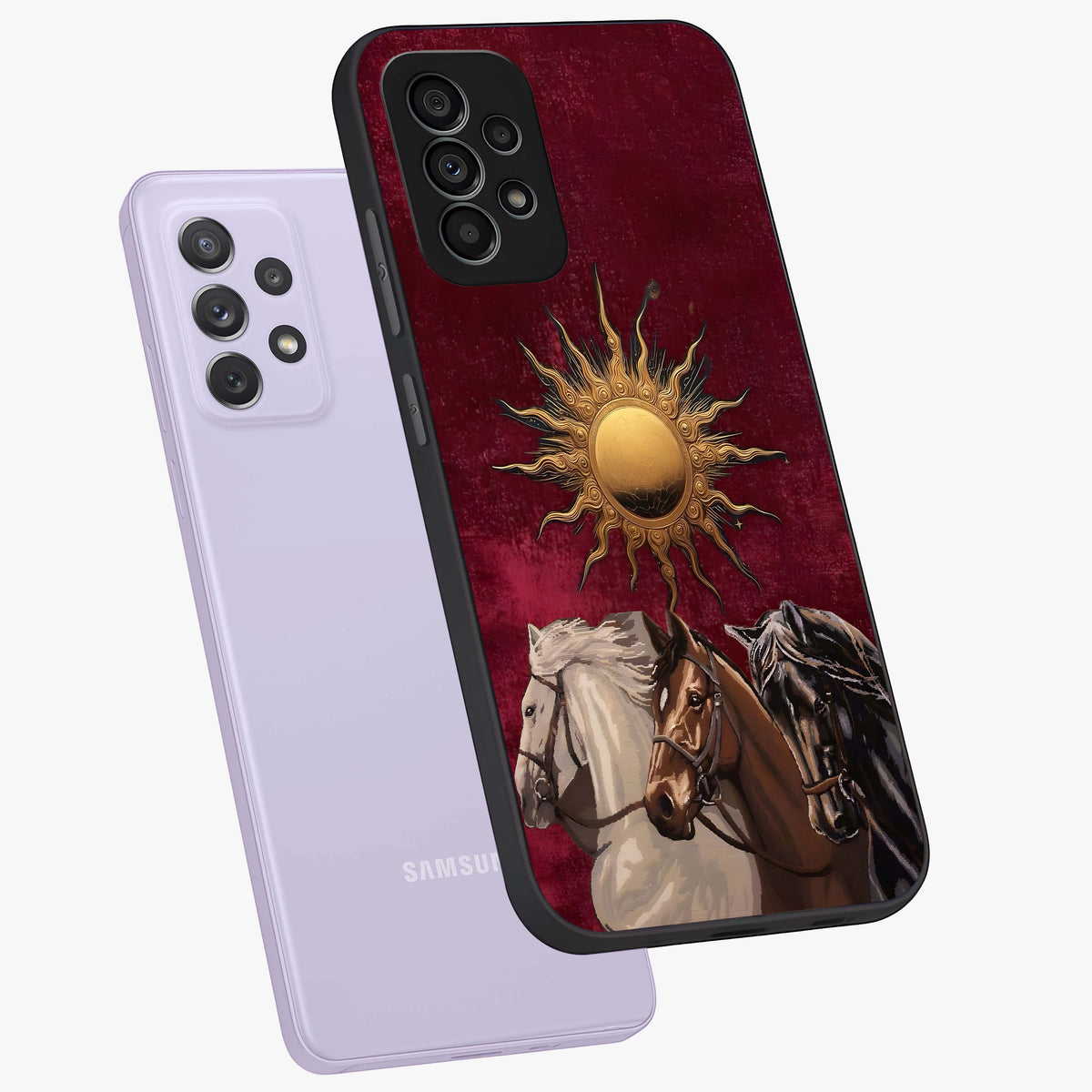 Solar Riders Glass Case displayed in angled mockup highlighting powerful rider illustration with radiant solar aesthetic.