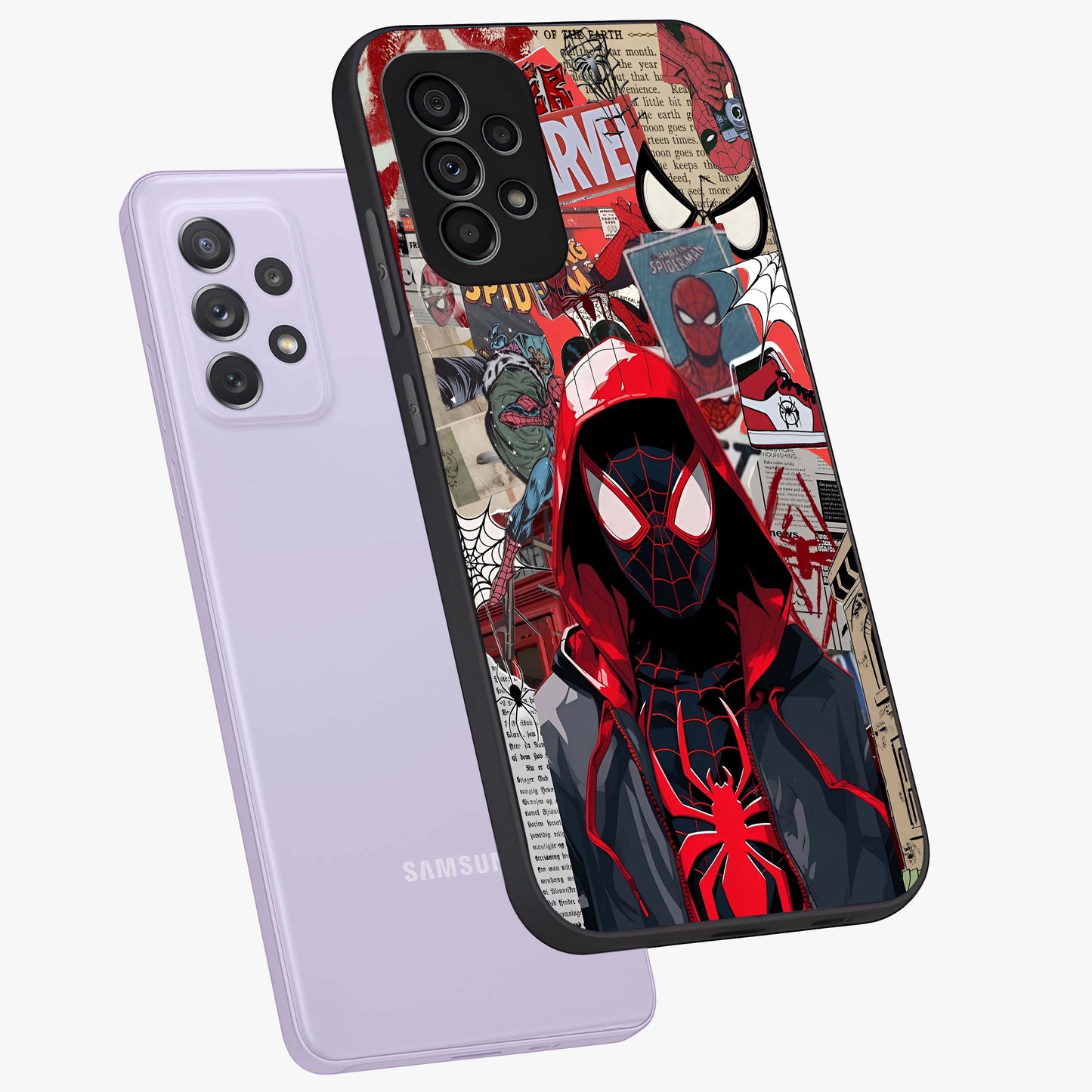 Spider Collage Street Glass Case displayed in angled mockup highlighting dynamic street style collage design with comic aesthetic.